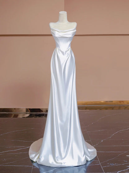 Fashionable Lace-Up Back Floor Length Strapless Ruched Satin Sheath Wedding Dress AP2285