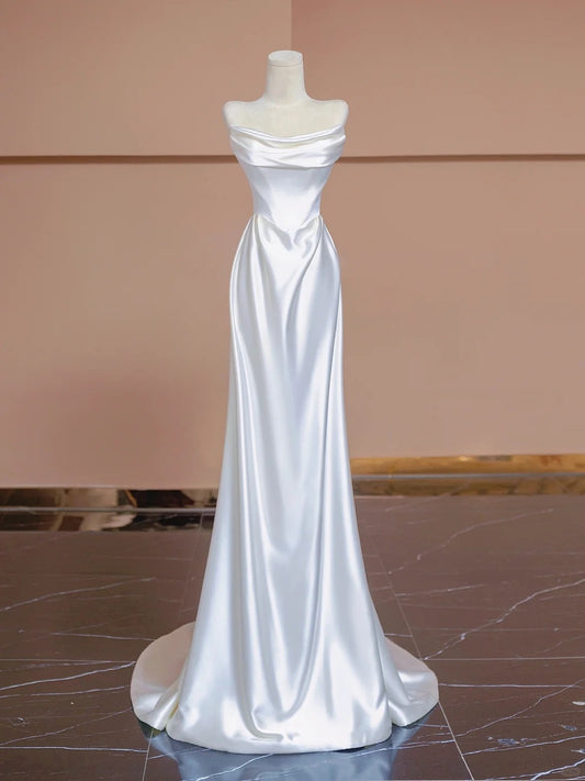 Fashionable Lace-Up Back Floor Length Strapless Ruched Satin Sheath Wedding Dress AP2285