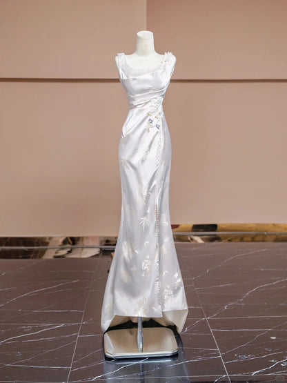 Vintage Beading High-Slit Square Neck Ruched Mermaid Sheen Satin Applique Prom Dress AP2286