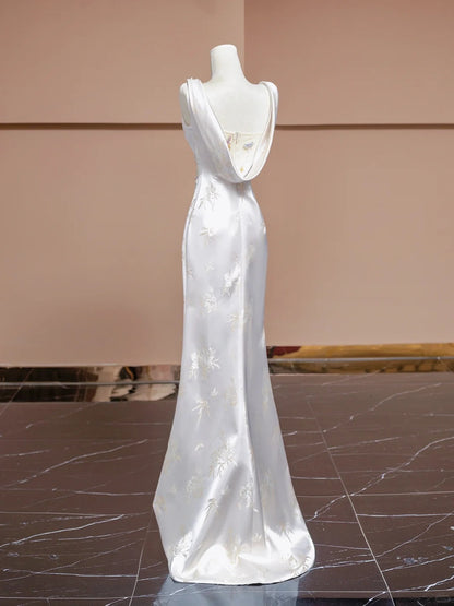 Vintage Beading High-Slit Square Neck Ruched Mermaid Sheen Satin Applique Prom Dress AP2286