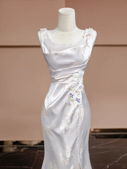 Vintage Beading High-Slit Square Neck Ruched Mermaid Sheen Satin Applique Prom Dress AP2286