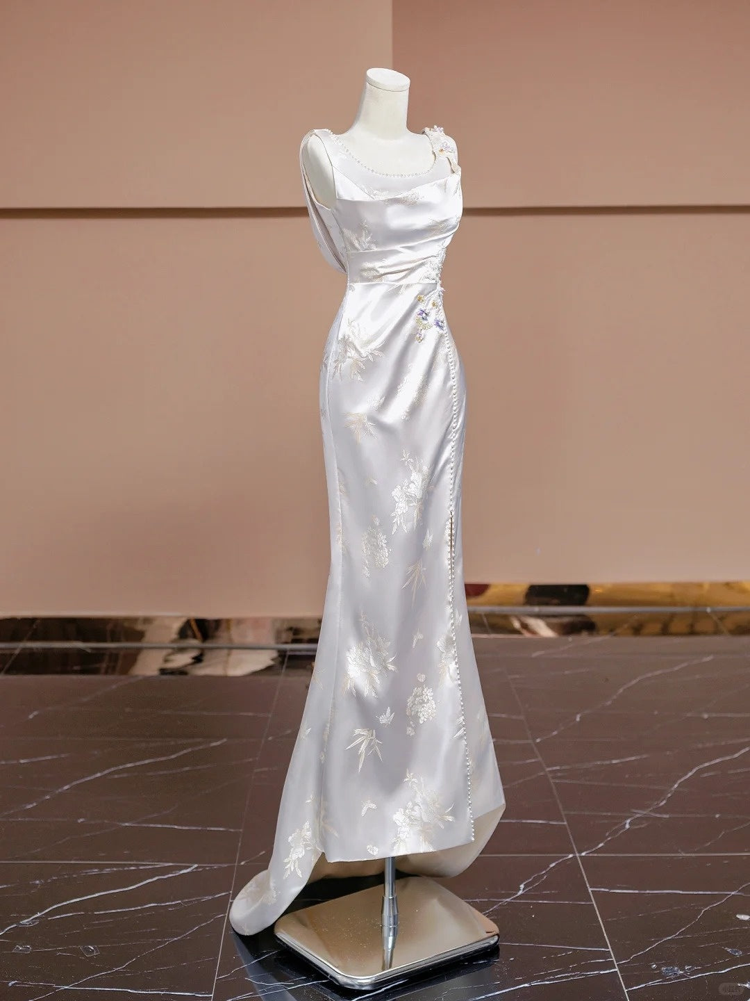 Vintage Beading High-Slit Square Neck Ruched Mermaid Sheen Satin Applique Prom Dress AP2286