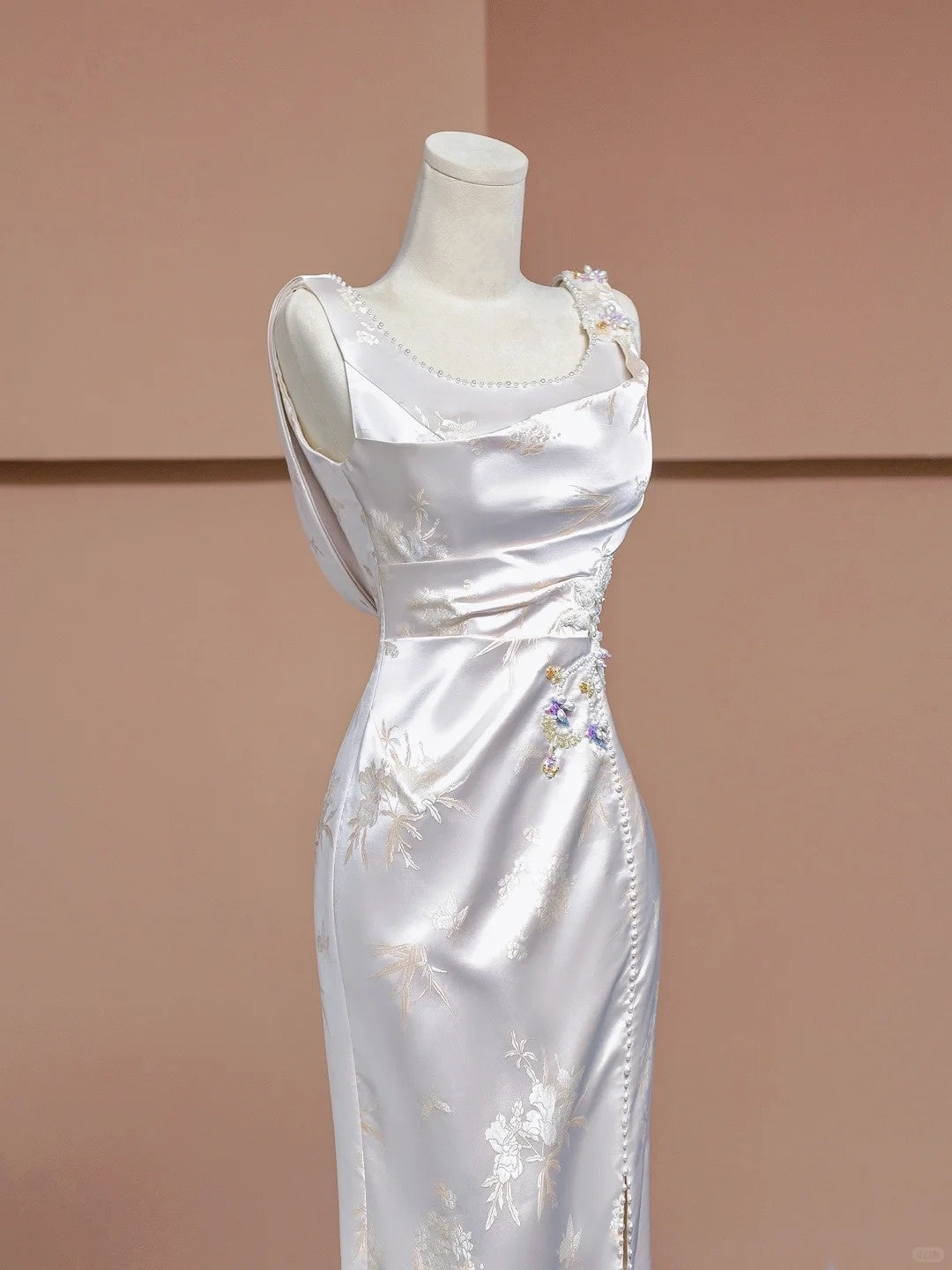 Vintage Beading High-Slit Square Neck Ruched Mermaid Sheen Satin Applique Prom Dress AP2286