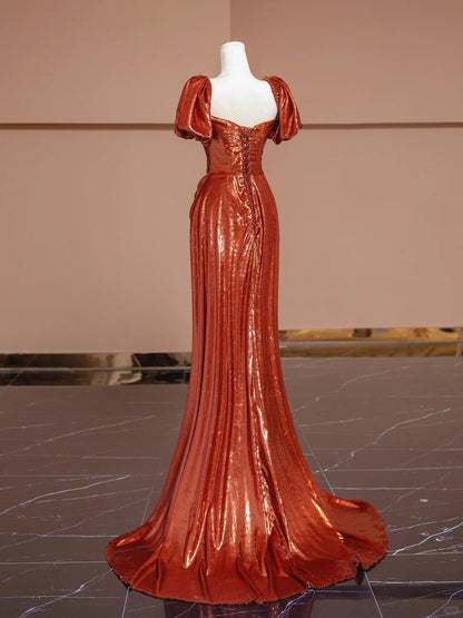 Vibrant Ruched Short Puffy Sleeve Evening Dress Square Neck Sheen Fabric Sheath Prom Dress AP2287