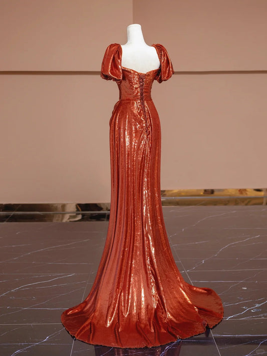 Vibrant Ruched Short Puffy Sleeve Evening Dress Square Neck Sheen Fabric Sheath Prom Dress AP2287