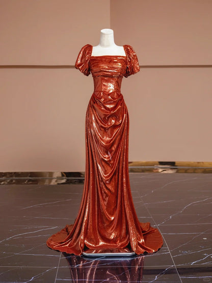 Vibrant Ruched Short Puffy Sleeve Evening Dress Square Neck Sheen Fabric Sheath Prom Dress AP2287