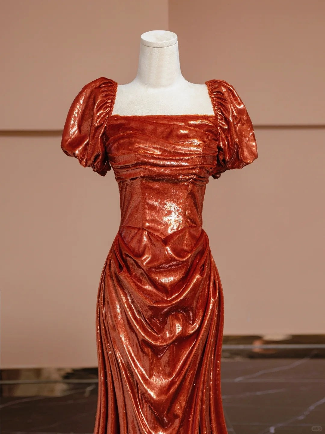 Vibrant Ruched Short Puffy Sleeve Evening Dress Square Neck Sheen Fabric Sheath Prom Dress AP2287