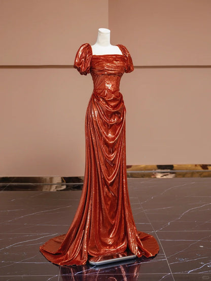 Vibrant Ruched Short Puffy Sleeve Evening Dress Square Neck Sheen Fabric Sheath Prom Dress AP2287