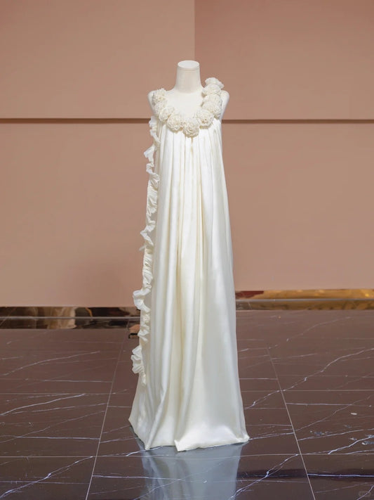 Glamorous 3D Floral Trim Spaghetti Strap Ruffles Ribbon Backless Floor Length A-Line Prom Dress AP2288