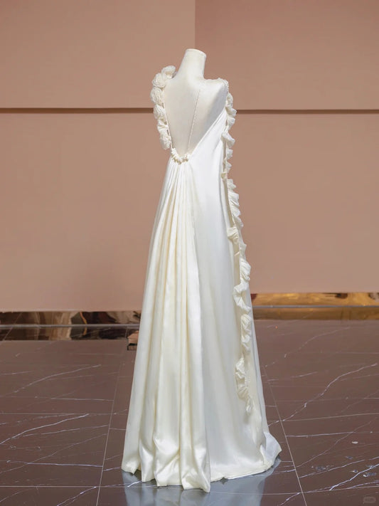 Glamorous 3D Floral Trim Spaghetti Strap Ruffles Ribbon Backless Floor Length A-Line Prom Dress AP2288