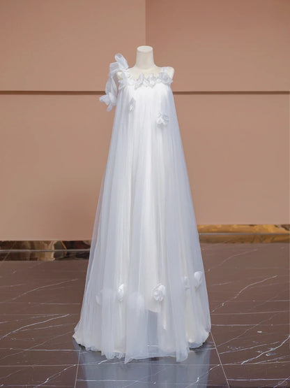 Charming Spaghetti Strap 3D Floral Trim Backless Cascade Tulle A-Line Wedding Dress AP2289