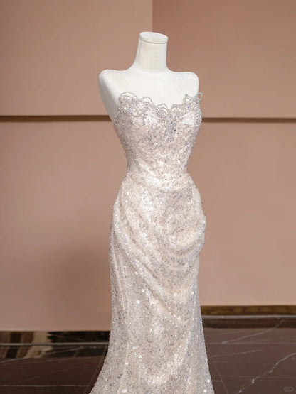 Luxurious Mermaid Beading Design Glittering Sequins Tulle Overlay Strapless Prom Dress AP2290