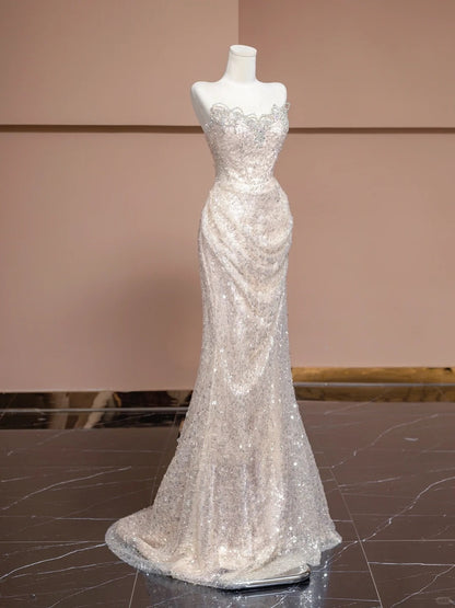 Luxurious Mermaid Beading Design Glittering Sequins Tulle Overlay Strapless Prom Dress AP2290