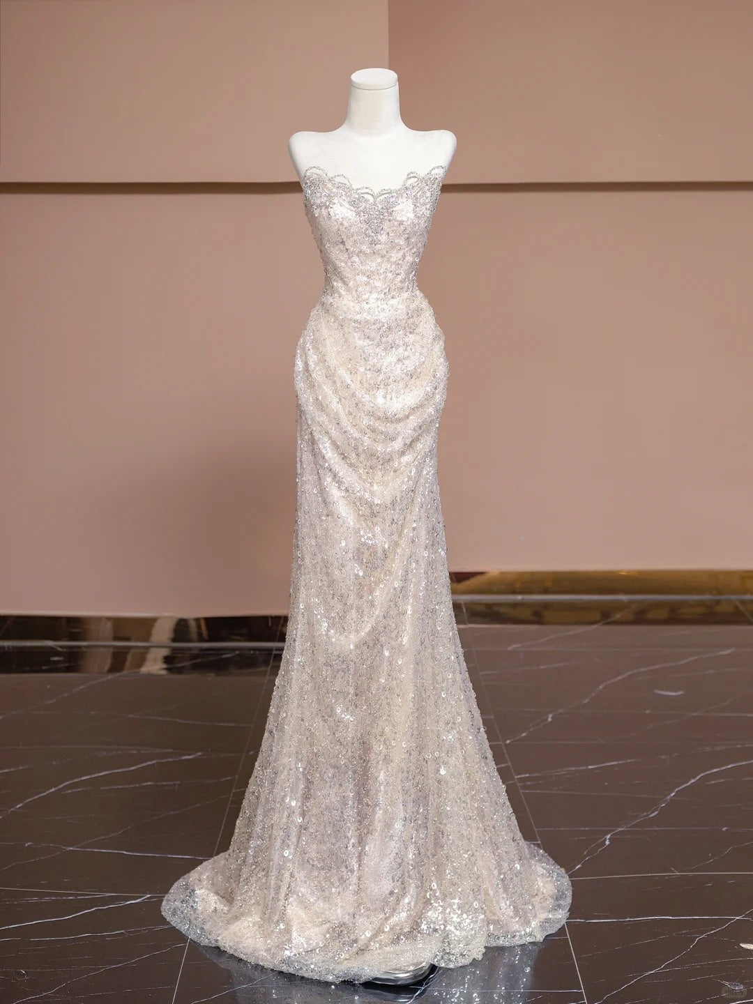 Luxurious Mermaid Beading Design Glittering Sequins Tulle Overlay Strapless Prom Dress AP2290