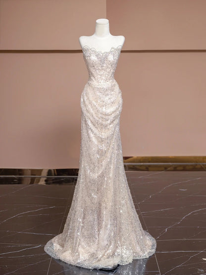 Luxurious Mermaid Beading Design Glittering Sequins Tulle Overlay Strapless Prom Dress AP2290