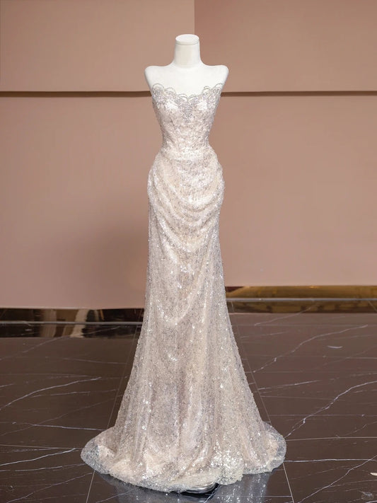 Luxurious Mermaid Beading Design Glittering Sequins Tulle Overlay Strapless Prom Dress AP2290