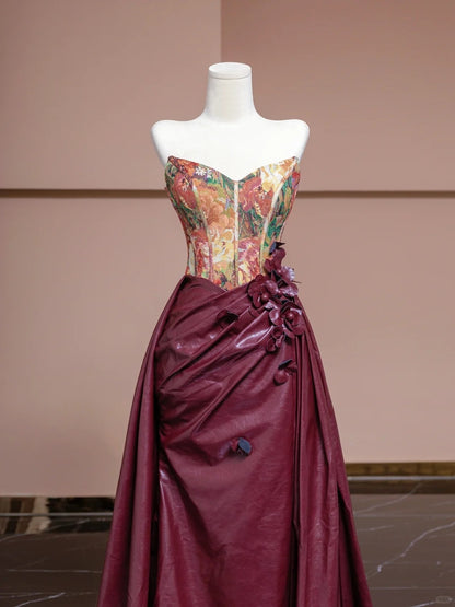 Graceful 3D Flowers Strapless Evening Gowns Artistic Floral Print A-Line Faux Leather Prom Dress AP2291