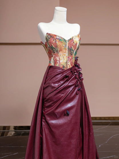 Graceful 3D Flowers Strapless Evening Gowns Artistic Floral Print A-Line Faux Leather Prom Dress AP2291