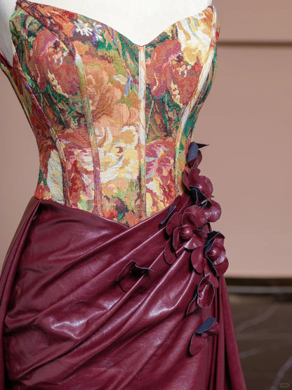 Graceful 3D Flowers Strapless Evening Gowns Artistic Floral Print A-Line Faux Leather Prom Dress AP2291