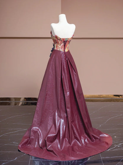 Graceful 3D Flowers Strapless Evening Gowns Artistic Floral Print A-Line Faux Leather Prom Dress AP2291