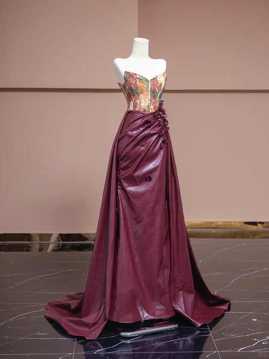 Graceful 3D Flowers Strapless Evening Gowns Artistic Floral Print A-Line Faux Leather Prom Dress AP2291