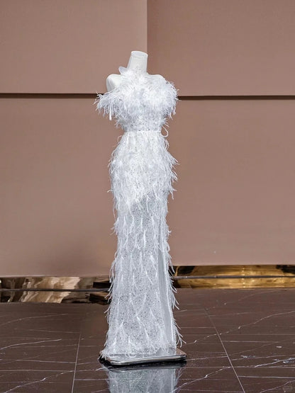 Romantic Strapless Sheath Tulle Applique Long Prom Dress With Slit White Evening Gowns AP2292