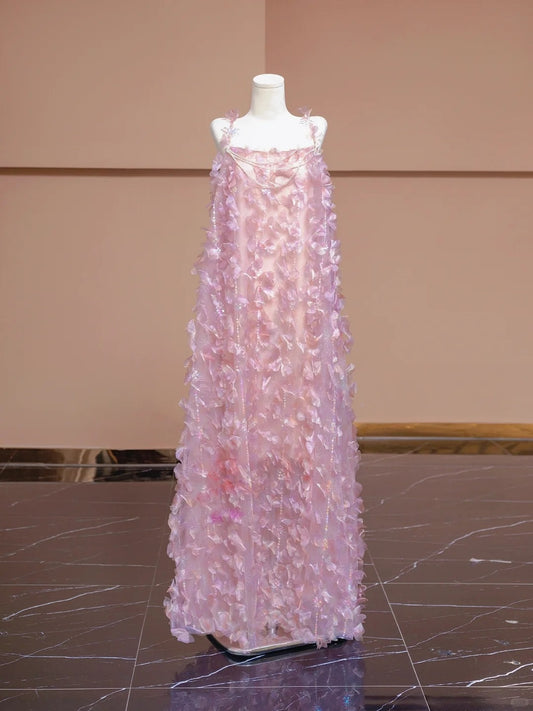 Charming A-Line Spaghetti Strap Evening Gowns Sequins Beading Petal Tulle Prom Dress AP2293