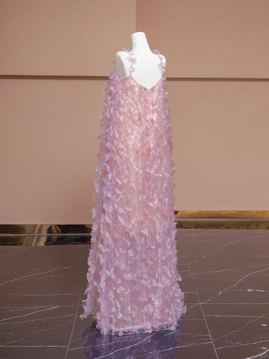 Charming A-Line Spaghetti Strap Evening Gowns Sequins Beading Petal Tulle Prom Dress AP2293