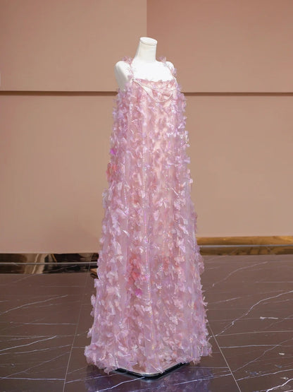 Charming A-Line Spaghetti Strap Evening Gowns Sequins Beading Petal Tulle Prom Dress AP2293