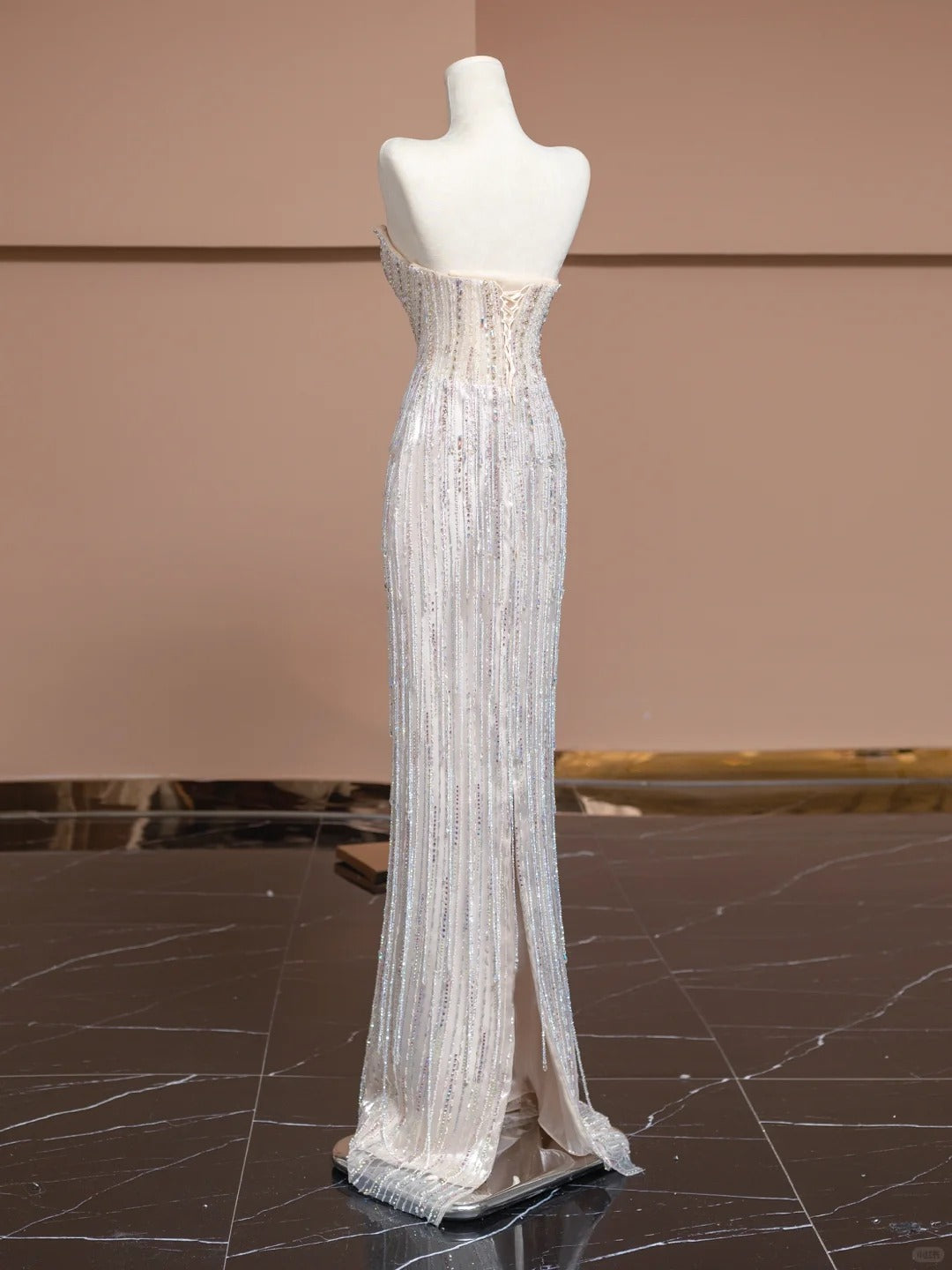 Fabulous Strapless Slit Evening Gowns Sequins Beading Tassel Sheath Prom Dress AP2294