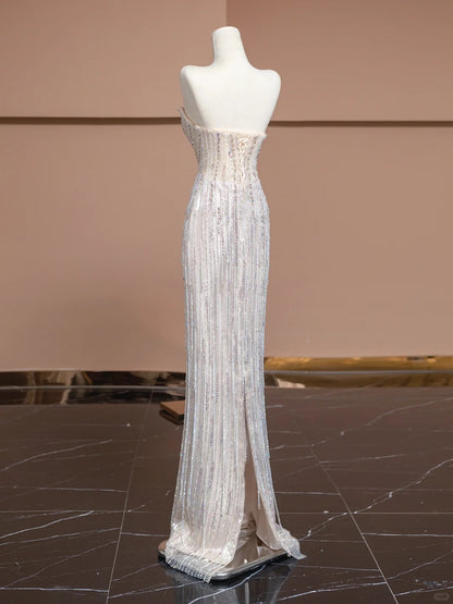 Fabulous Strapless Slit Evening Gowns Sequins Beading Tassel Sheath Prom Dress AP2294