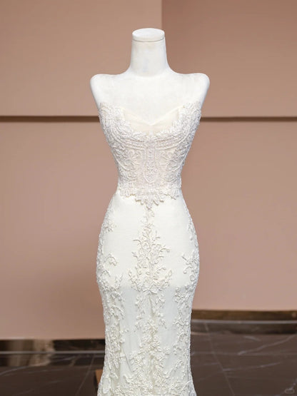 Graceful Strapless Mermaid Bridal Gowns Lace Tulle Wedding Dress AP2296