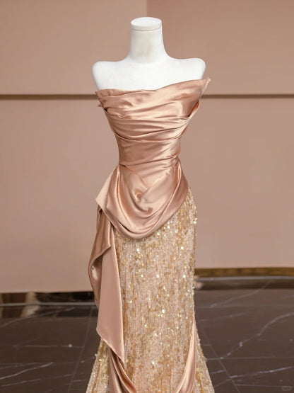 Elegant Pleated Mermaid Long Evening Gowns Sequins Tulle Strapless Prom Dress AP2297