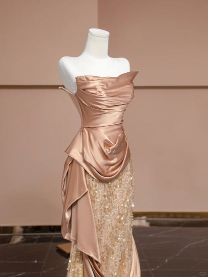 Elegant Pleated Mermaid Long Evening Gowns Sequins Tulle Strapless Prom Dress AP2297