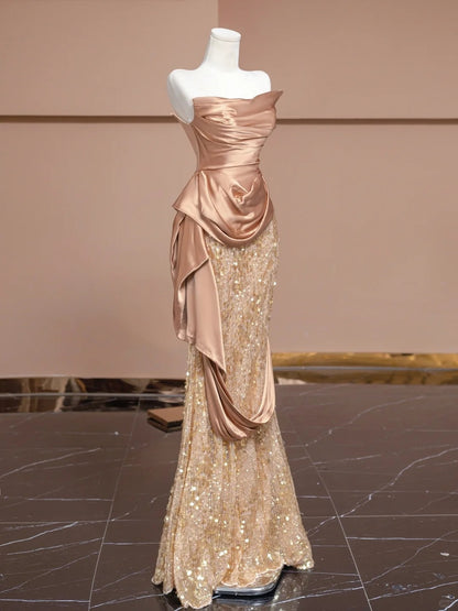 Elegant Pleated Mermaid Long Evening Gowns Sequins Tulle Strapless Prom Dress AP2297