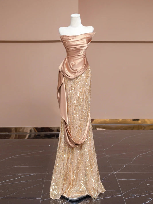 Elegant Pleated Mermaid Long Evening Gowns Sequins Tulle Strapless Prom Dress AP2297