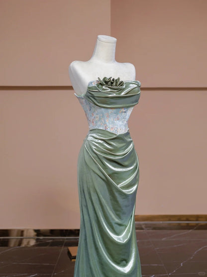 Vibrant Strapless Green Satin Evening Gowns Printed Pleated Mermaid Prom Dress AP2298