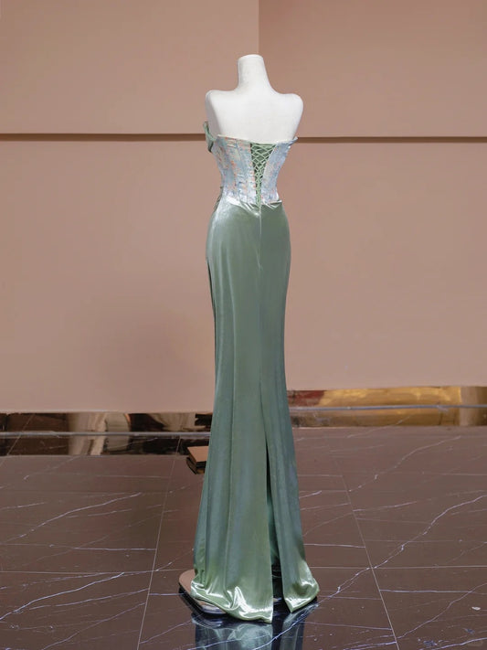 Vibrant Strapless Green Satin Evening Gowns Printed Pleated Mermaid Prom Dress AP2298