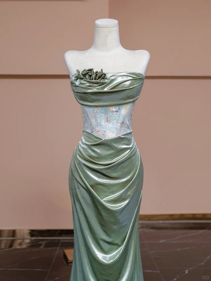 Vibrant Strapless Green Satin Evening Gowns Printed Pleated Mermaid Prom Dress AP2298
