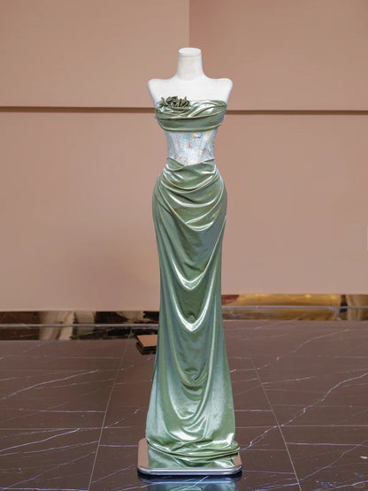 Vibrant Strapless Green Satin Evening Gowns Printed Pleated Mermaid Prom Dress AP2298