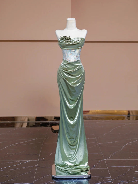 Vibrant Strapless Green Satin Evening Gowns Printed Pleated Mermaid Prom Dress AP2298