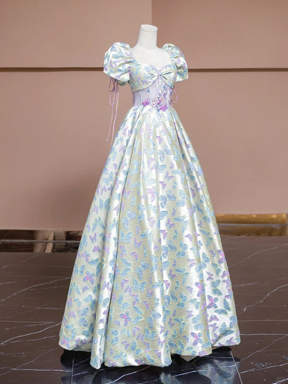 Cute A-Line Square Neck Formal Dresses Short Sleeve Sweet 16th Sequins Applique Prom Dress AP2299