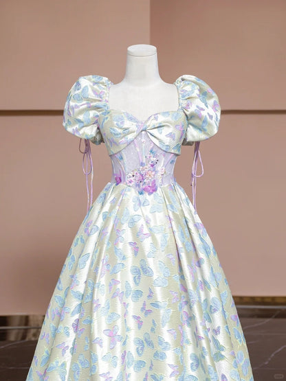 Cute A-Line Square Neck Formal Dresses Short Sleeve Sweet 16th Sequins Applique Prom Dress AP2299