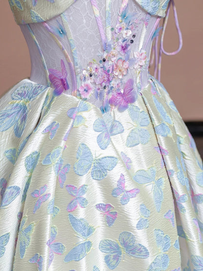 Cute A-Line Square Neck Formal Dresses Short Sleeve Sweet 16th Sequins Applique Prom Dress AP2299