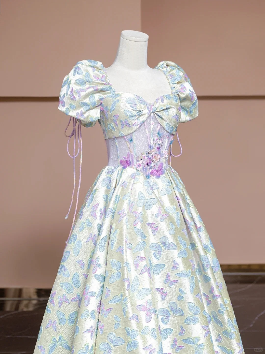 Cute A-Line Square Neck Formal Dresses Short Sleeve Sweet 16th Sequins Applique Prom Dress AP2299