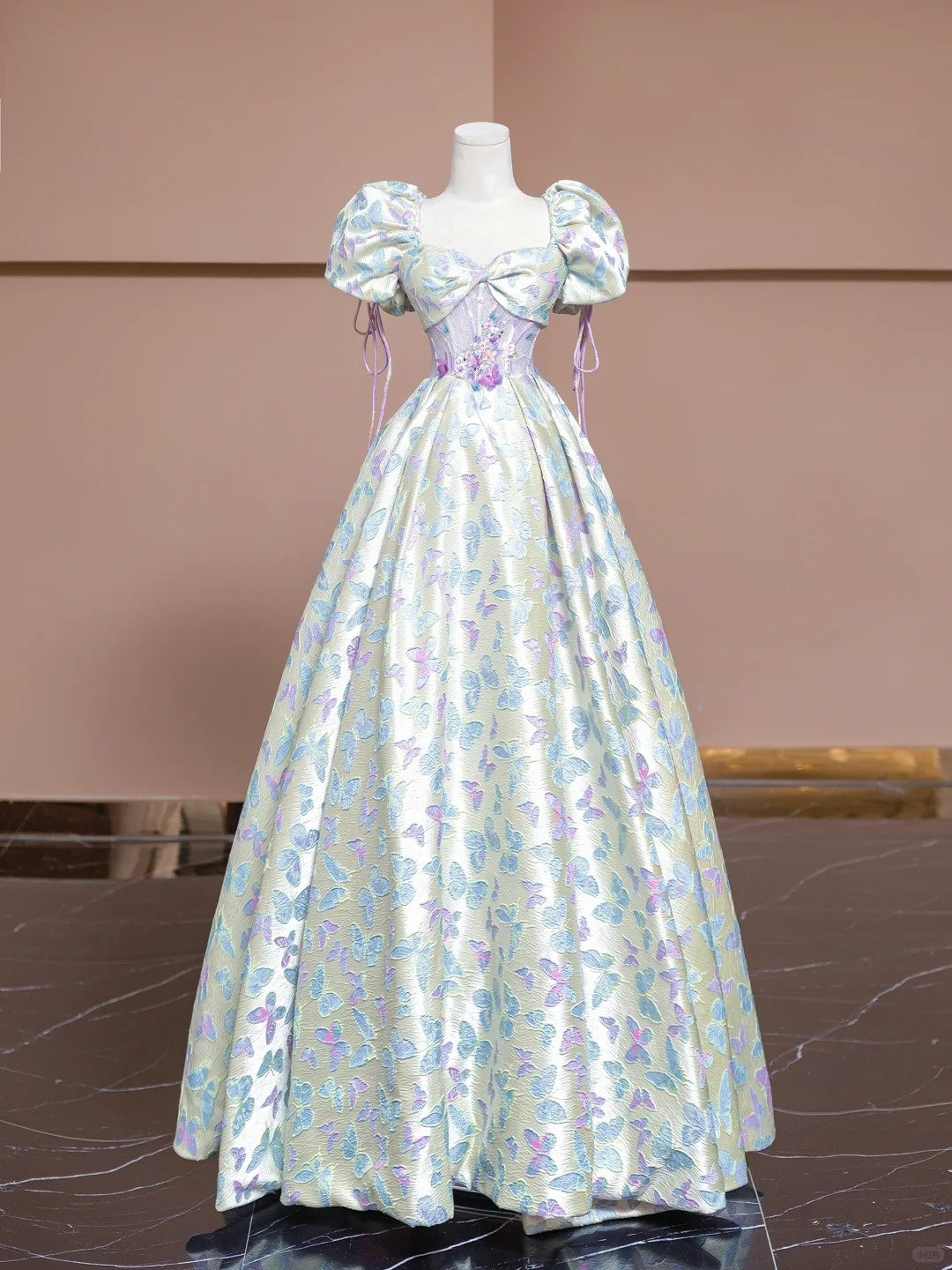 Cute A-Line Square Neck Formal Dresses Short Sleeve Sweet 16th Sequins Applique Prom Dress AP2299