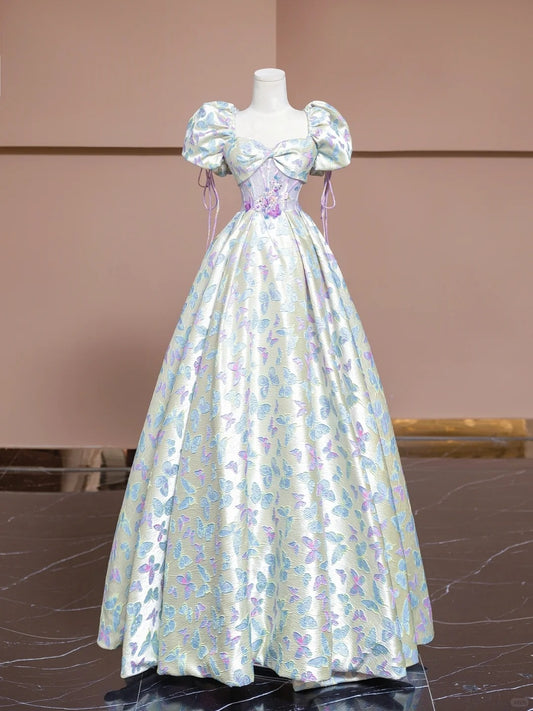 Cute A-Line Square Neck Formal Dresses Short Sleeve Sweet 16th Sequins Applique Prom Dress AP2299