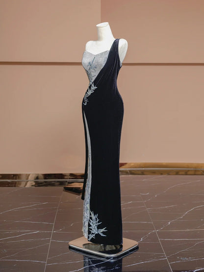 Vintage One Shoulder Evening Long Dress  Beading Sequins Mermaid Prom Dress AP2301