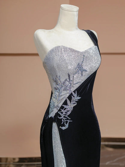 Vintage One Shoulder Evening Long Dress  Beading Sequins Mermaid Prom Dress AP2301