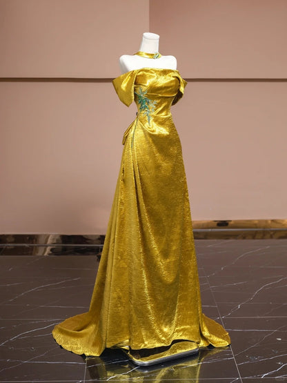 Luxurious A-Line Off-Shoulder Evening Gowns Beading Ruched Prom Dress AP2302